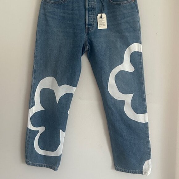 Crop Denim Paint by Number Flower Wavy Lined Straight Blue Jeans NWT - Picture 11 of 16